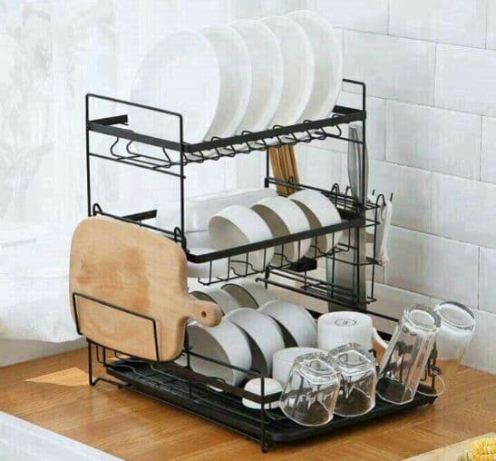 水切りラック 食器棚 水切り棚 キッチン収納 多目的 3段 カフェ ブラッ