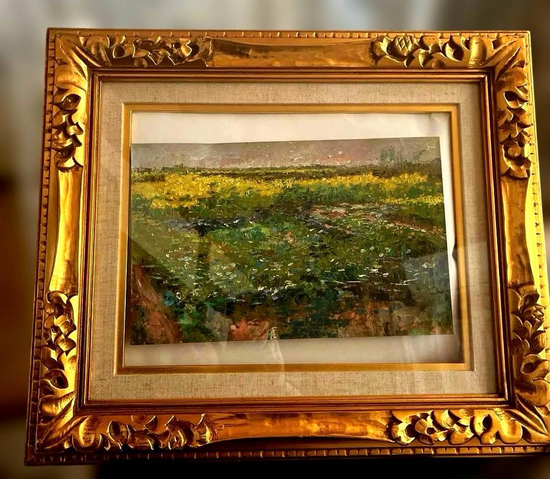 油彩絵、ゴールド額、ガラス面付き