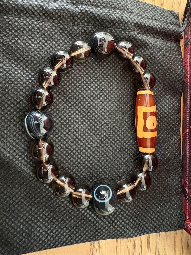 【天珠ブレスレット】アイ天珠／スモーキークォーツ系／男女兼用／存在感◎