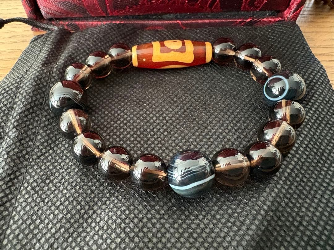 【天珠ブレスレット】アイ天珠／スモーキークォーツ系／男女兼用／存在感◎