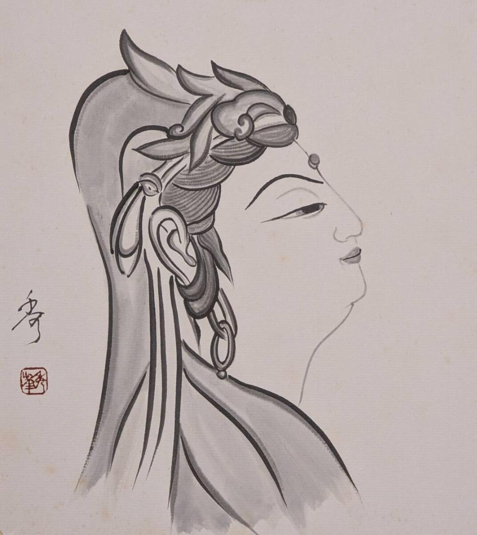 【真作】絵画　水墨画（色紙）　観音菩薩像　横顔　優美な仏画　額装品　Z145