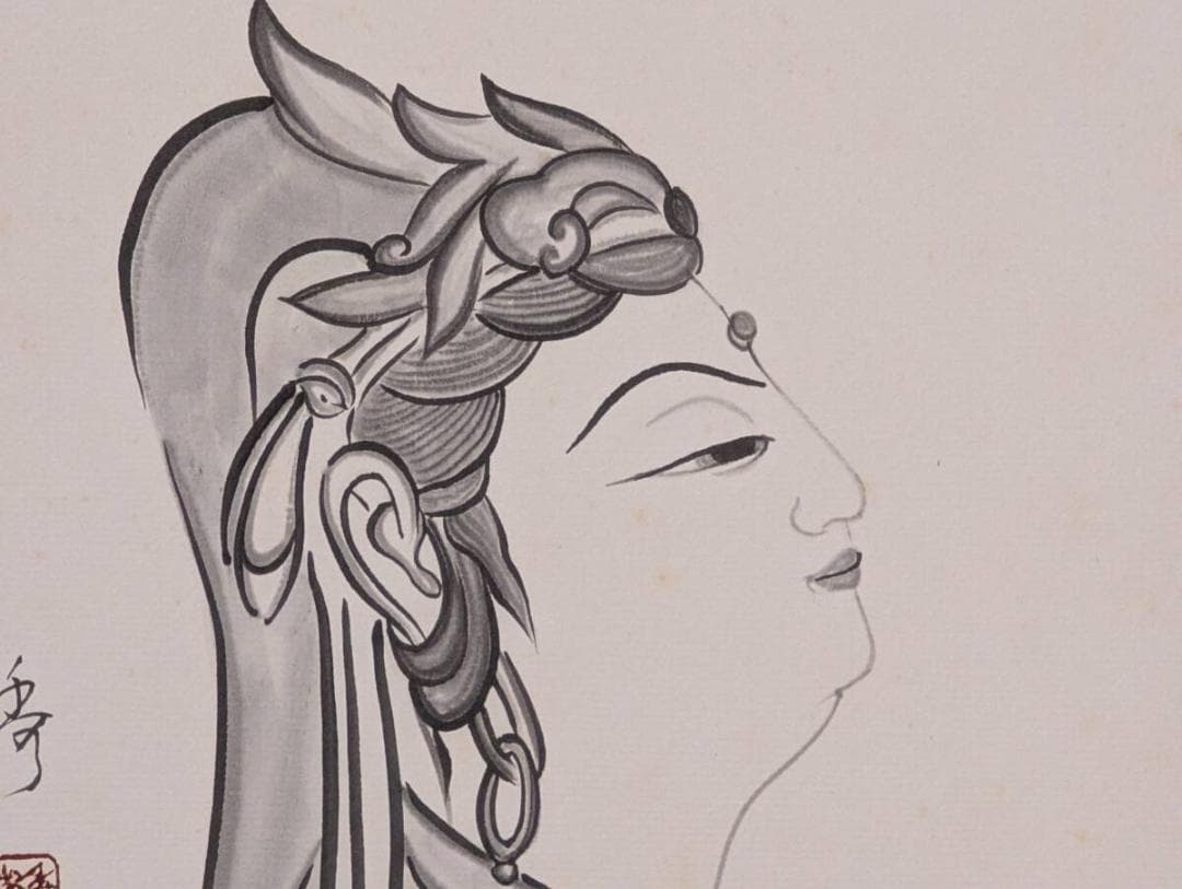 【真作】絵画　水墨画（色紙）　観音菩薩像　横顔　優美な仏画　額装品　Z145