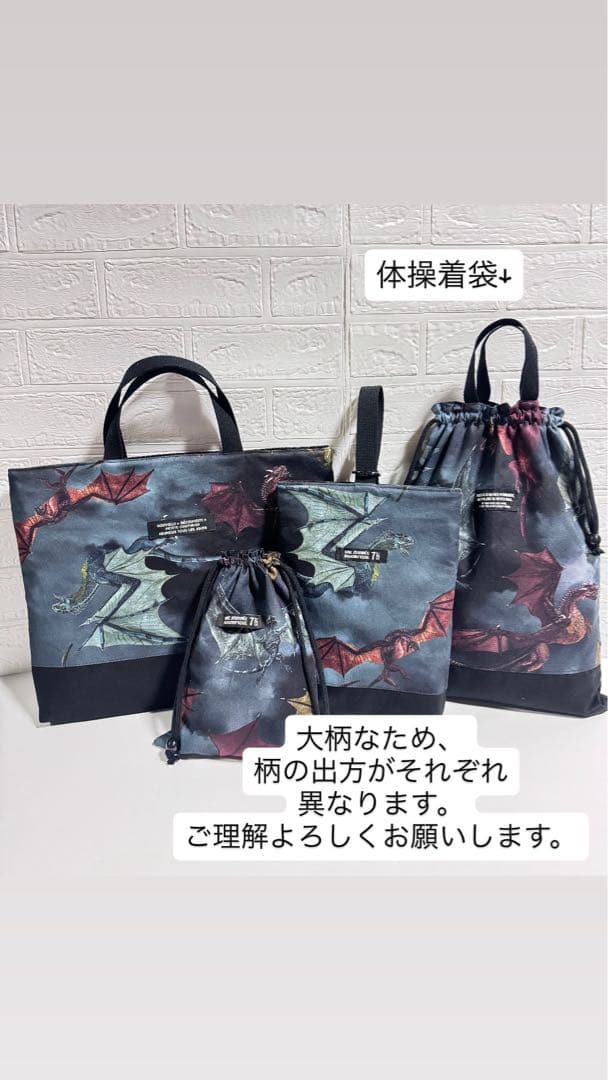 ドラゴン柄　レッスンバッグ　給食袋　シューズ袋　上履き　体操服　コップ袋　入学