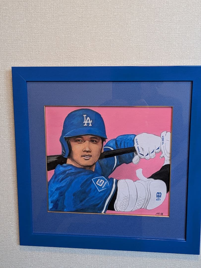 【真　作】大谷翔平選手、色紙に水彩画、サイン「MIZ」有、額付