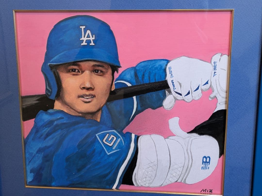 【真　作】大谷翔平選手、色紙に水彩画、サイン「MIZ」有、額付