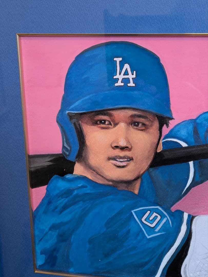 【真　作】大谷翔平選手、色紙に水彩画、サイン「MIZ」有、額付