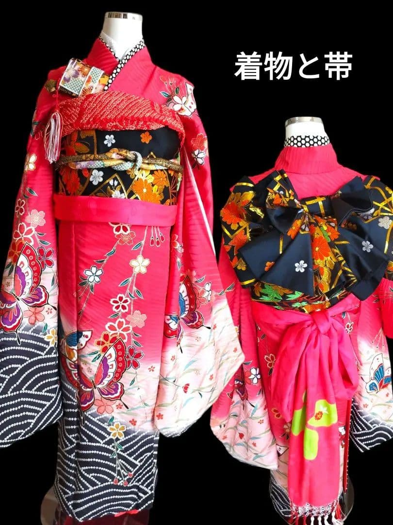 本格的☆正絹☆赤ピンクの着物に黒の袋帯