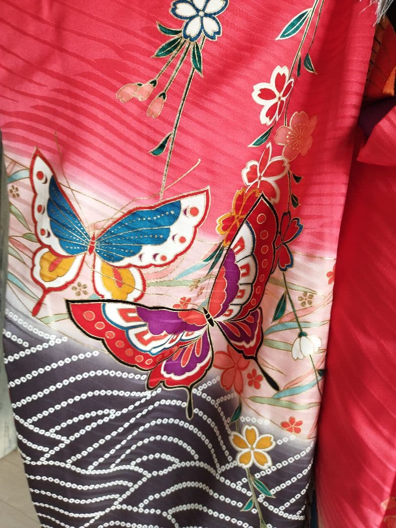 本格的☆正絹☆赤ピンクの着物に黒の袋帯