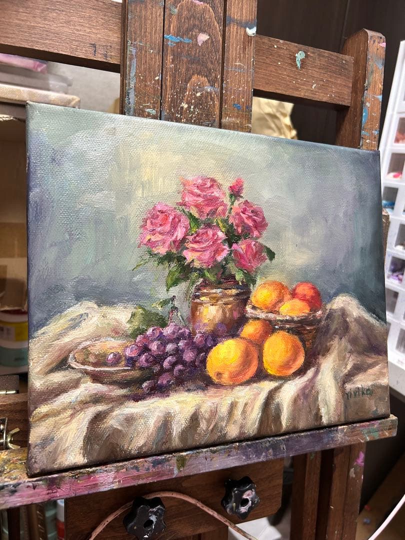 花と果物の油彩画