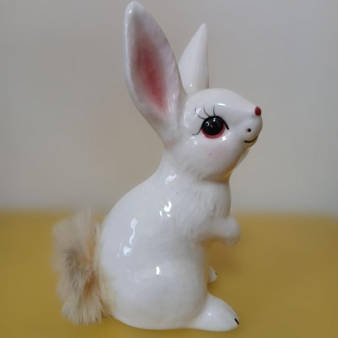 昭和レトロ　陶器製　ウサギ　白　ファー付き　貯金箱　置物　大　②