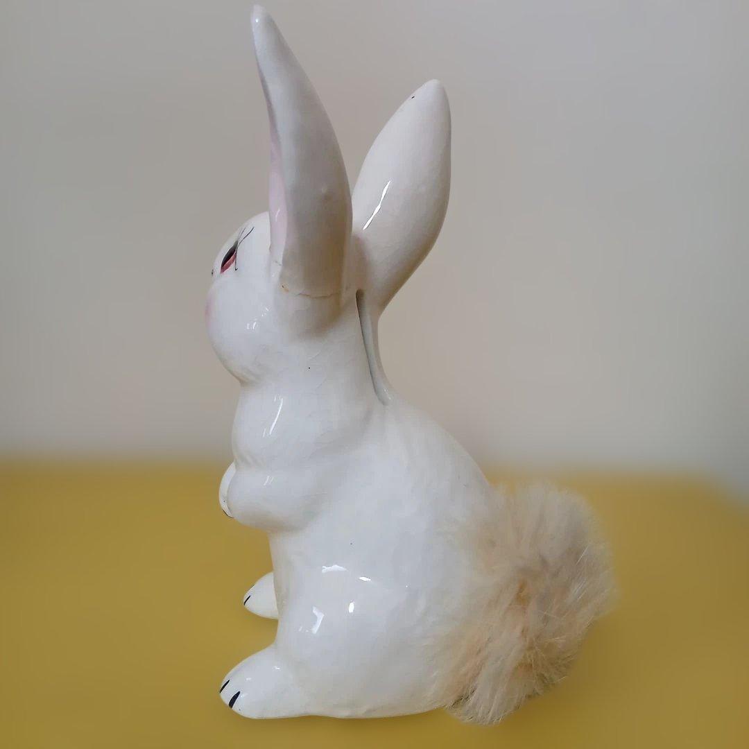 昭和レトロ　陶器製　ウサギ　白　ファー付き　貯金箱　置物　大　②