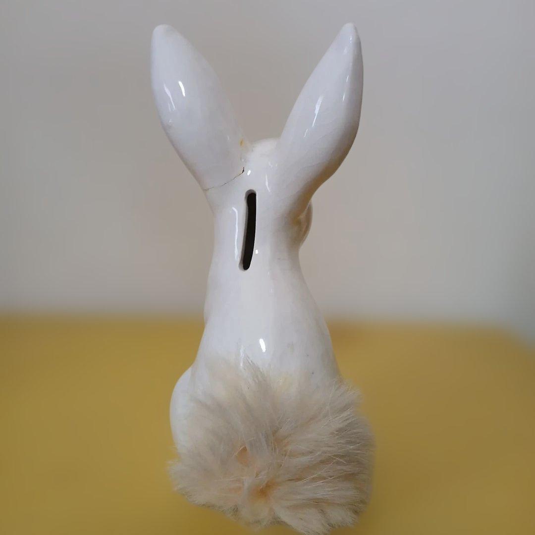 昭和レトロ　陶器製　ウサギ　白　ファー付き　貯金箱　置物　大　②