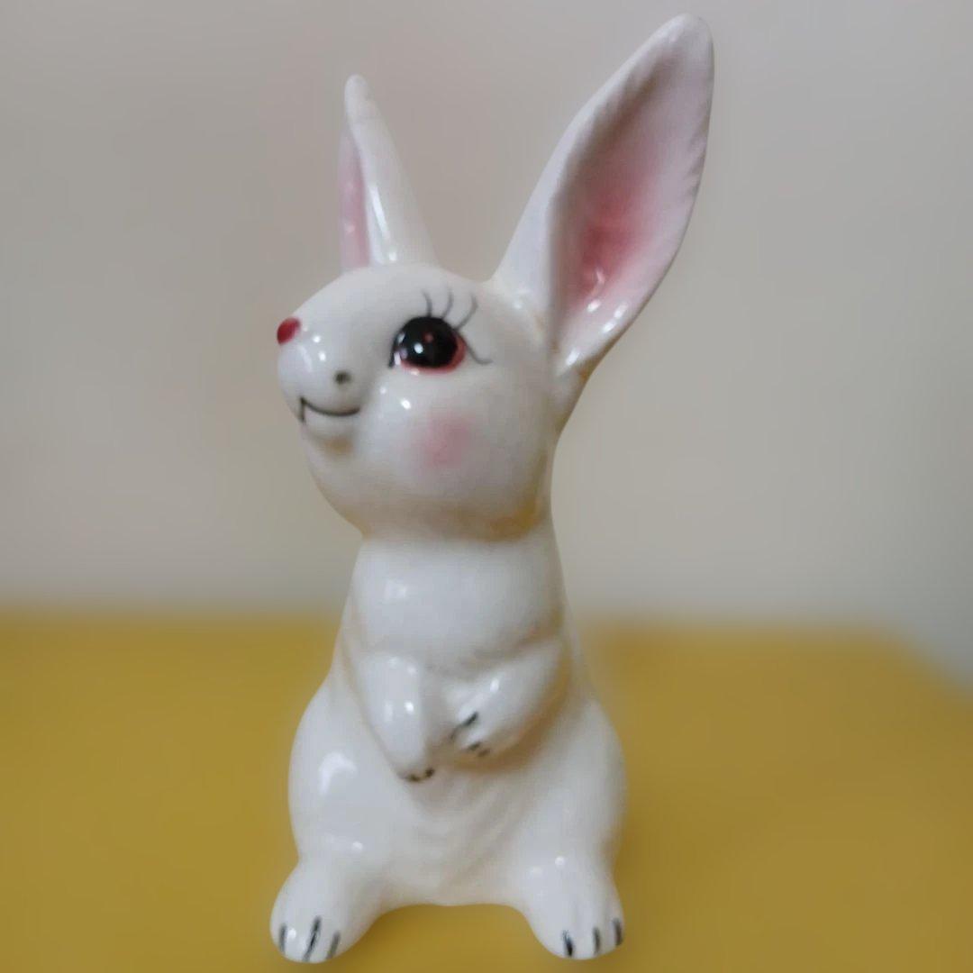昭和レトロ　陶器製　ウサギ　白　ファー付き　貯金箱　置物　大　②
