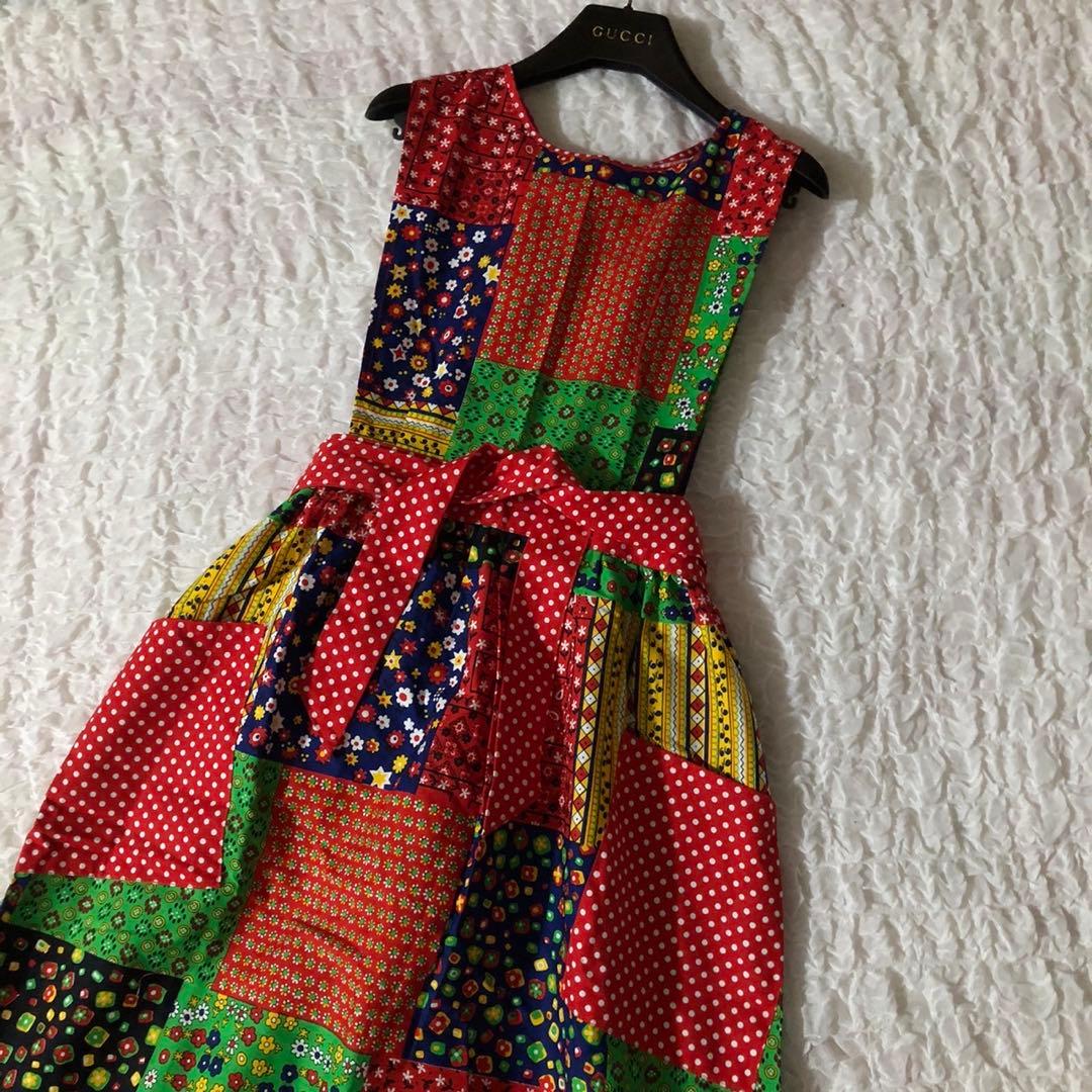 レトロポップ　総柄　エスニック　アジアン　ロング　エプロンドレス