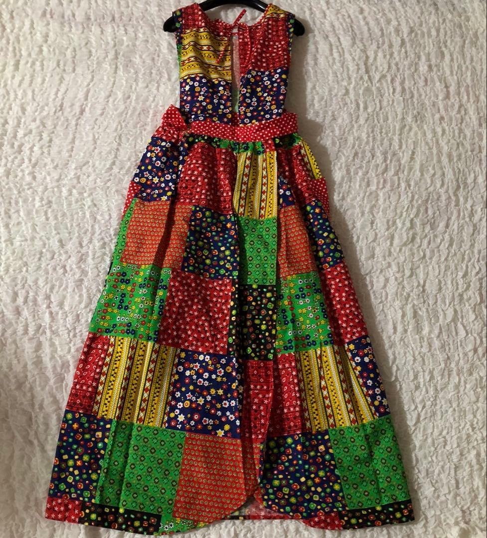 レトロポップ　総柄　エスニック　アジアン　ロング　エプロンドレス