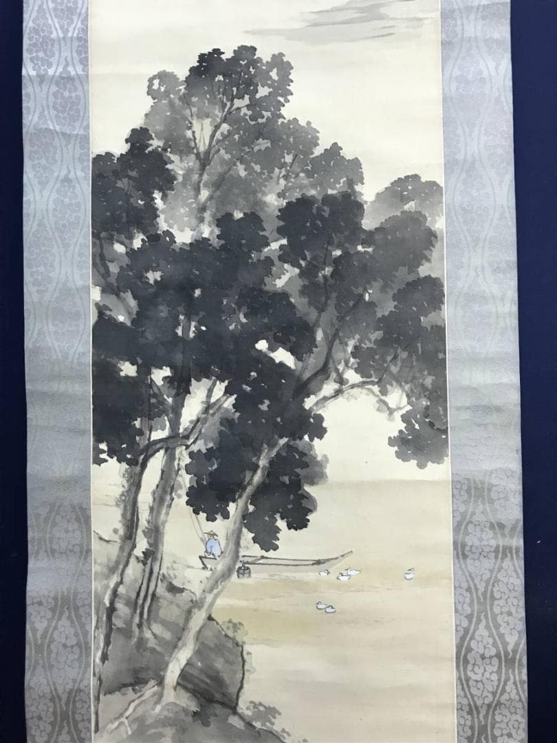 【真作】藤井松山/湖水漁夫山水図/山水図/釣人図/掛軸/名家伝来/AD-84