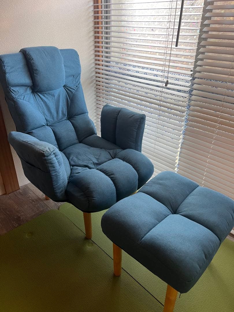 リクライニン口　ソファー　オッドマン付き　ネイビー