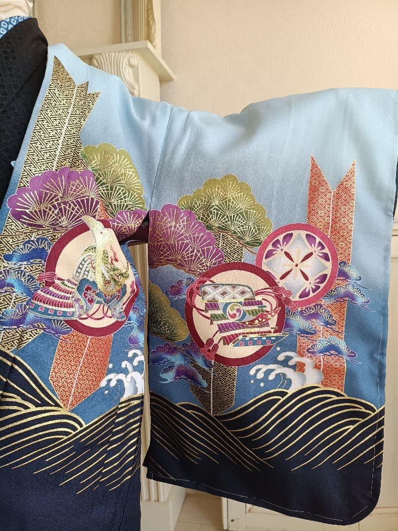 新品☆薄いブルー鷹に刺繍入りの羽織が格好良い☆男の子七五三フルセット