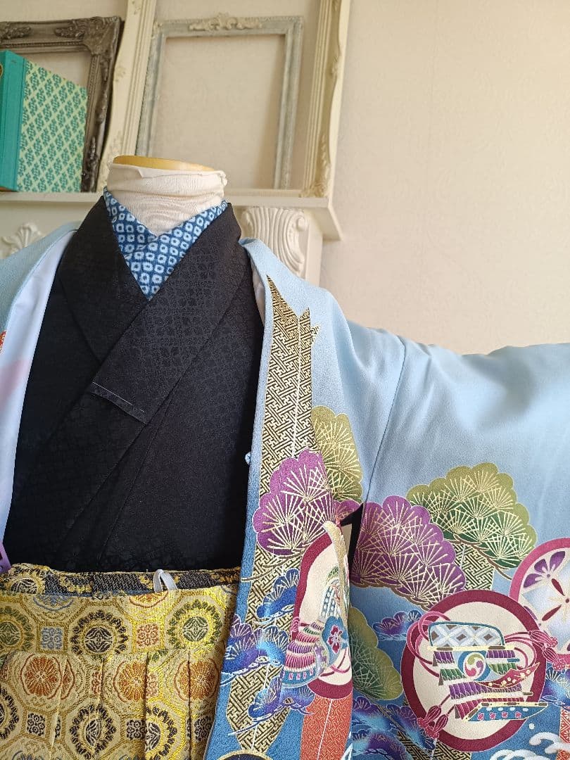新品☆薄いブルー鷹に刺繍入りの羽織が格好良い☆男の子七五三フルセット