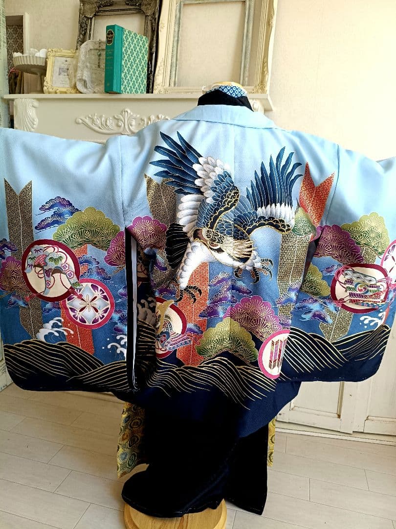 新品☆薄いブルー鷹に刺繍入りの羽織が格好良い☆男の子七五三フルセット