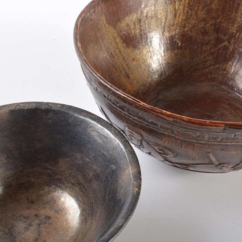 中国　唐物　椰子の実盃　内銀張　山水人物文　煎茶碗　2点まとめて　C　R6288