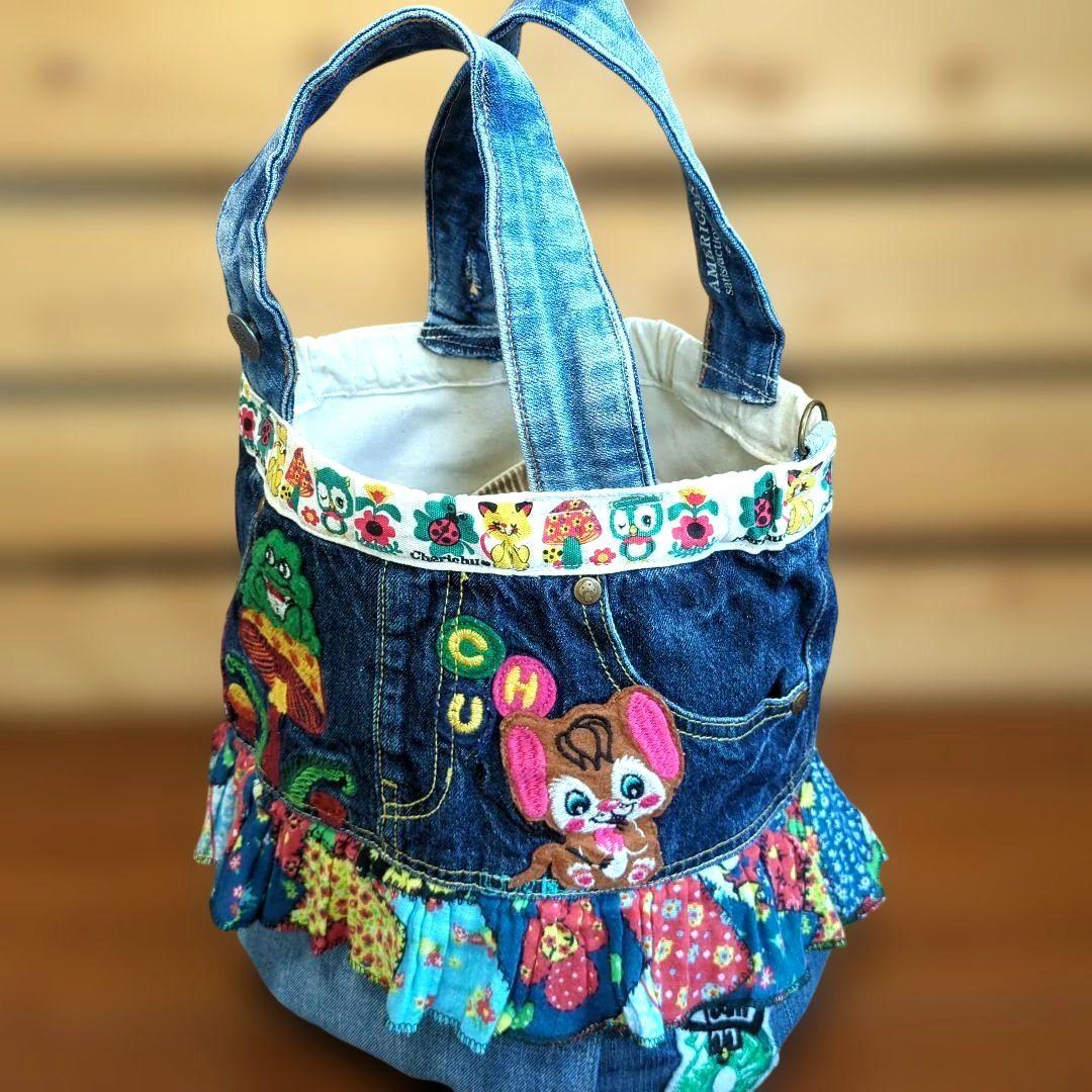 デニムリメイク　トートバッグ　丸底　バケツトート