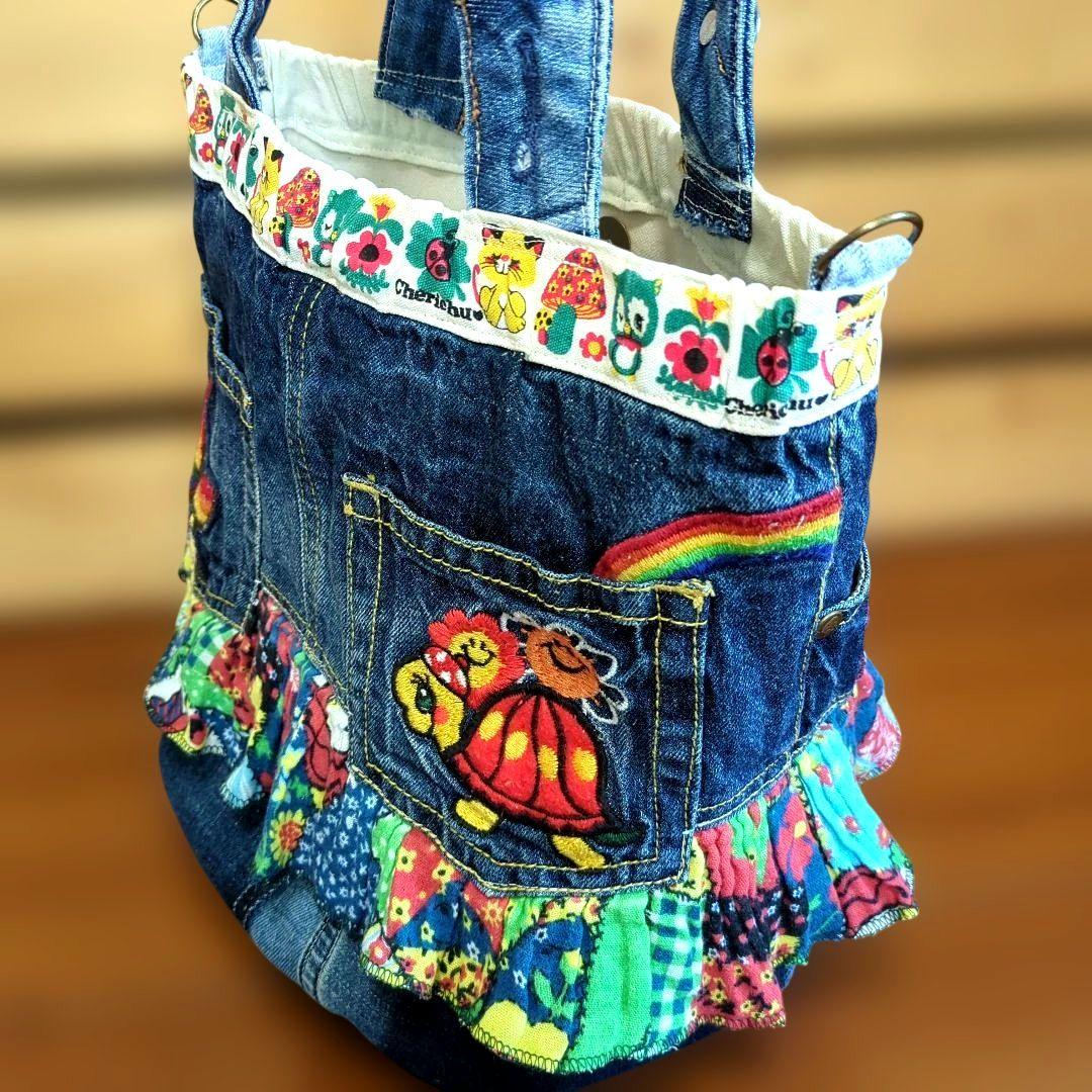 デニムリメイク　トートバッグ　丸底　バケツトート
