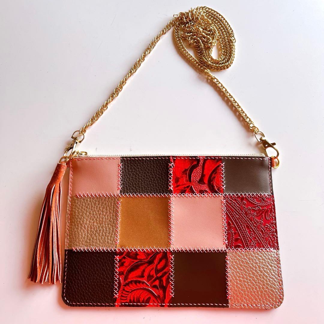 一点もの 本革パッチワーク ショルダーバッグにもなるポーチ
