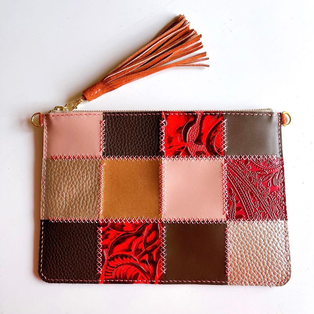 一点もの 本革パッチワーク ショルダーバッグにもなるポーチ