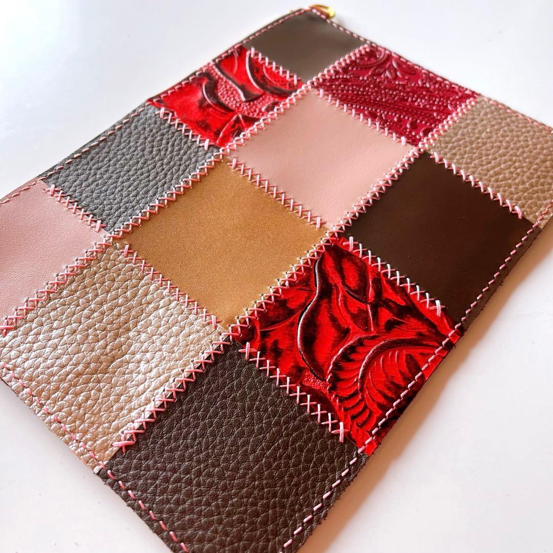 一点もの 本革パッチワーク ショルダーバッグにもなるポーチ