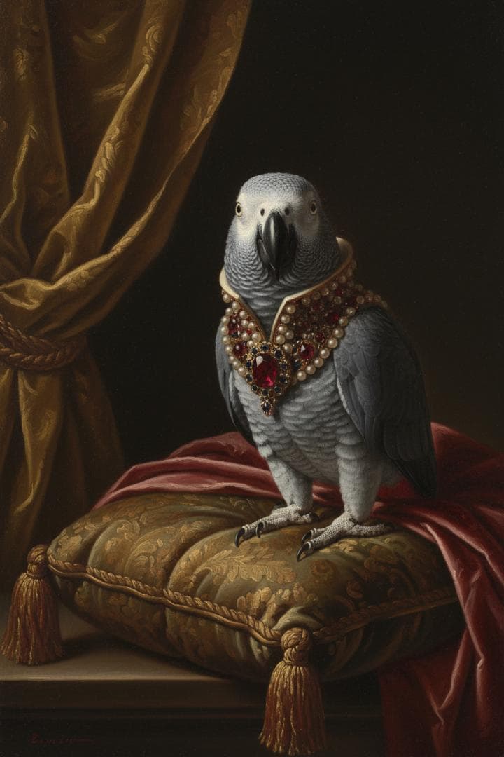 インコ（ヨウム）のルネサンス風肖像画 油絵風アートA3額装インテリア壁掛け