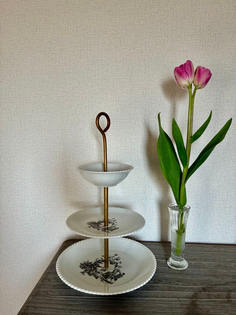 フランス　アンティーク　3段　ケーキスタンド 陶器製 アフタヌーンティー