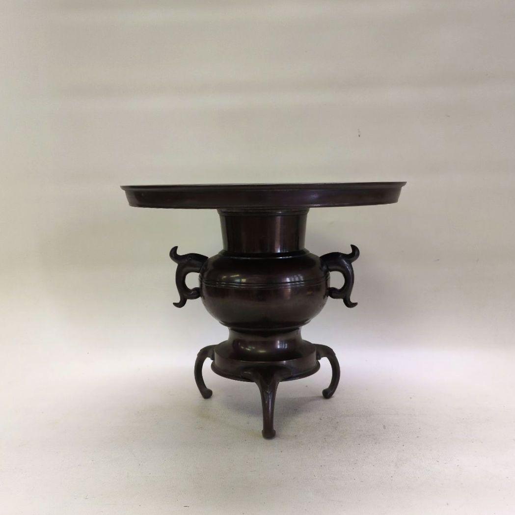 銅製花器　薄端　又木付き　池坊好み　池坊花器