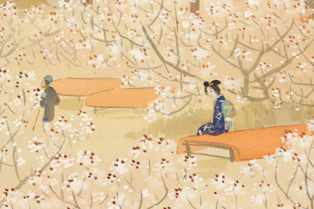 No5371 掛軸　大江良起　花見美人図　絹本着色　舞妓　古画　古美術　送料無料