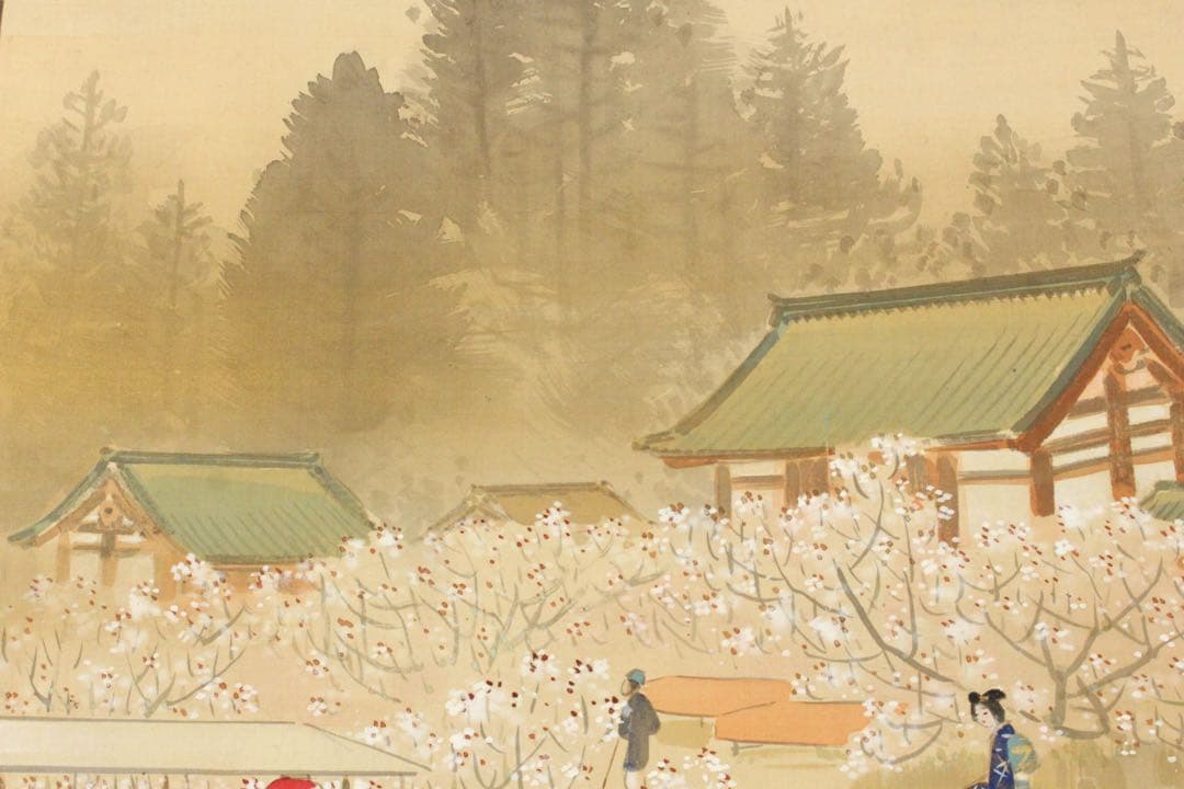 No5371 掛軸　大江良起　花見美人図　絹本着色　舞妓　古画　古美術　送料無料