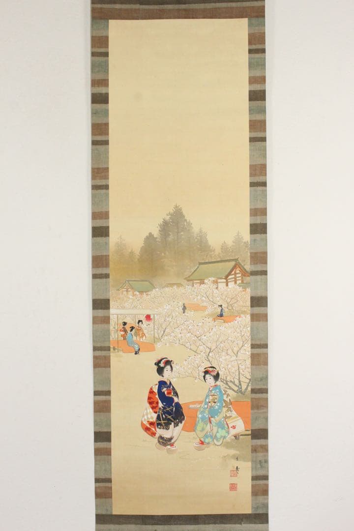 No5371 掛軸　大江良起　花見美人図　絹本着色　舞妓　古画　古美術　送料無料