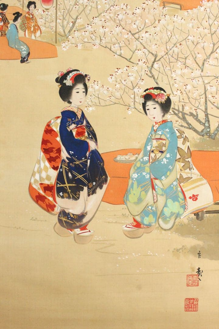 No5371 掛軸　大江良起　花見美人図　絹本着色　舞妓　古画　古美術　送料無料