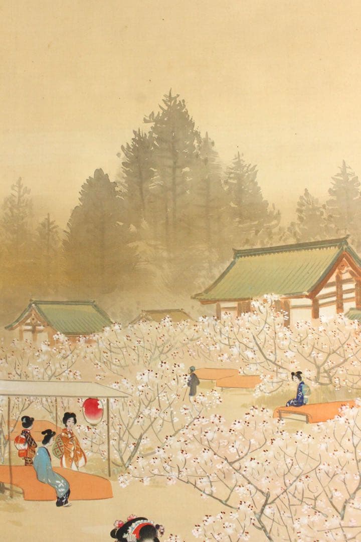 No5371 掛軸　大江良起　花見美人図　絹本着色　舞妓　古画　古美術　送料無料