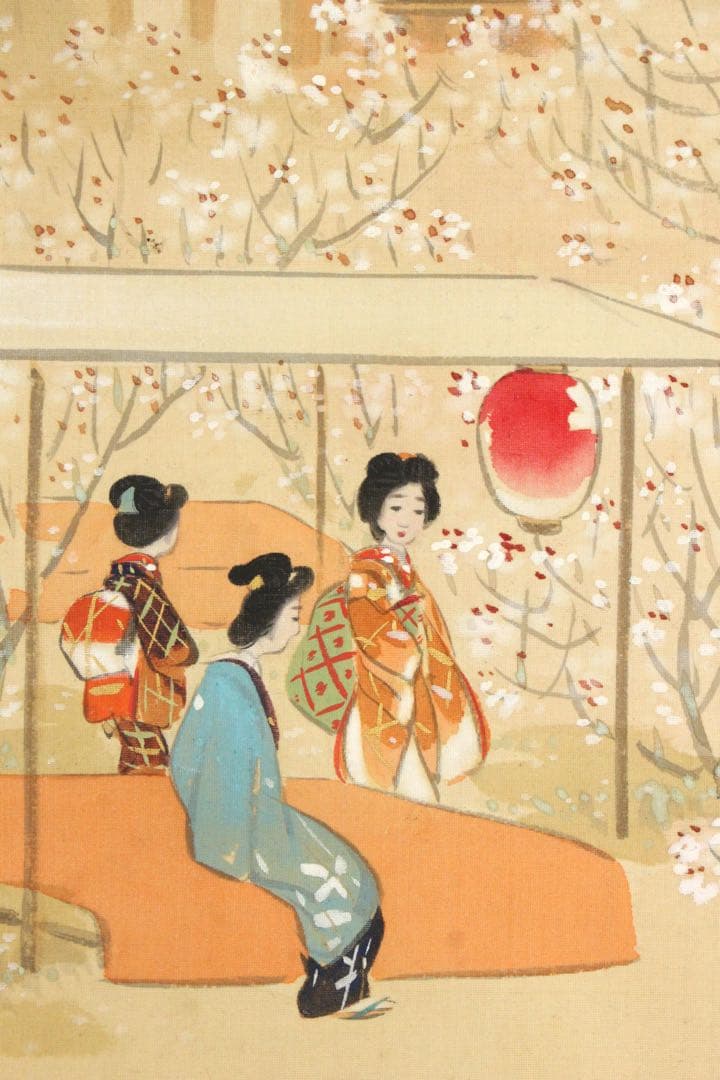 No5371 掛軸　大江良起　花見美人図　絹本着色　舞妓　古画　古美術　送料無料