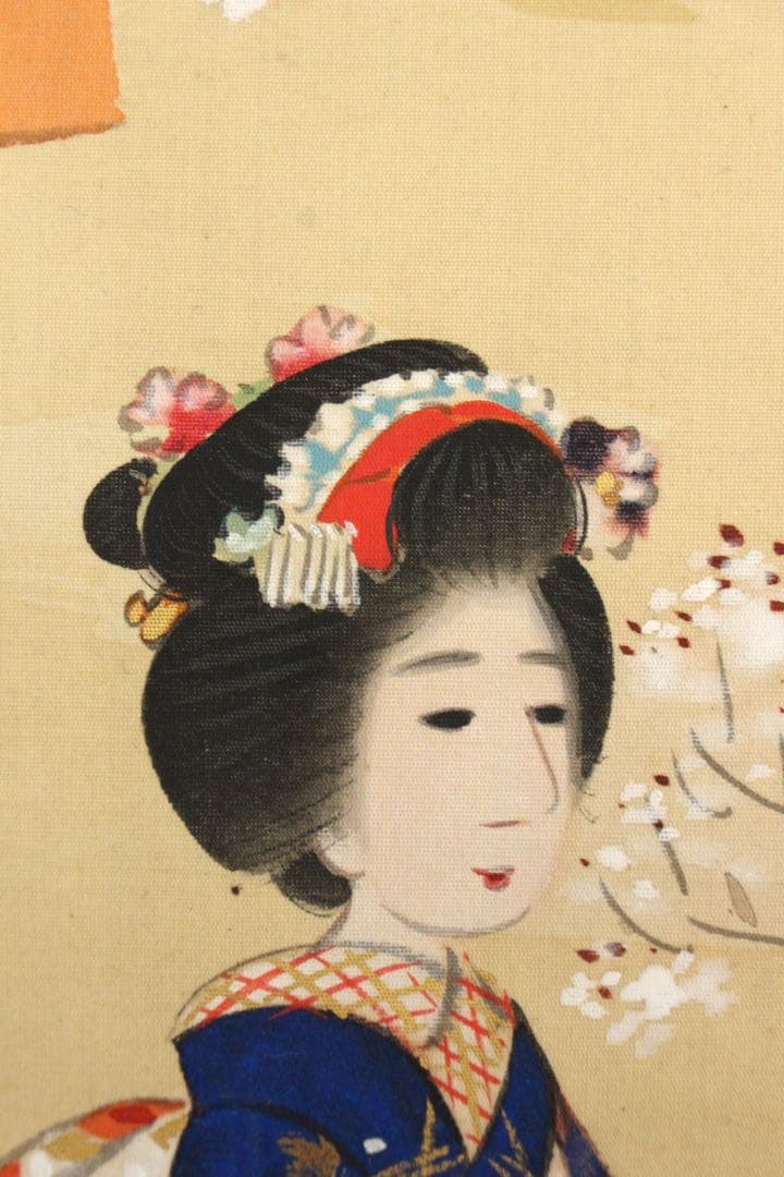 No5371 掛軸　大江良起　花見美人図　絹本着色　舞妓　古画　古美術　送料無料