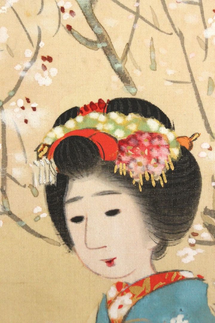 No5371 掛軸　大江良起　花見美人図　絹本着色　舞妓　古画　古美術　送料無料