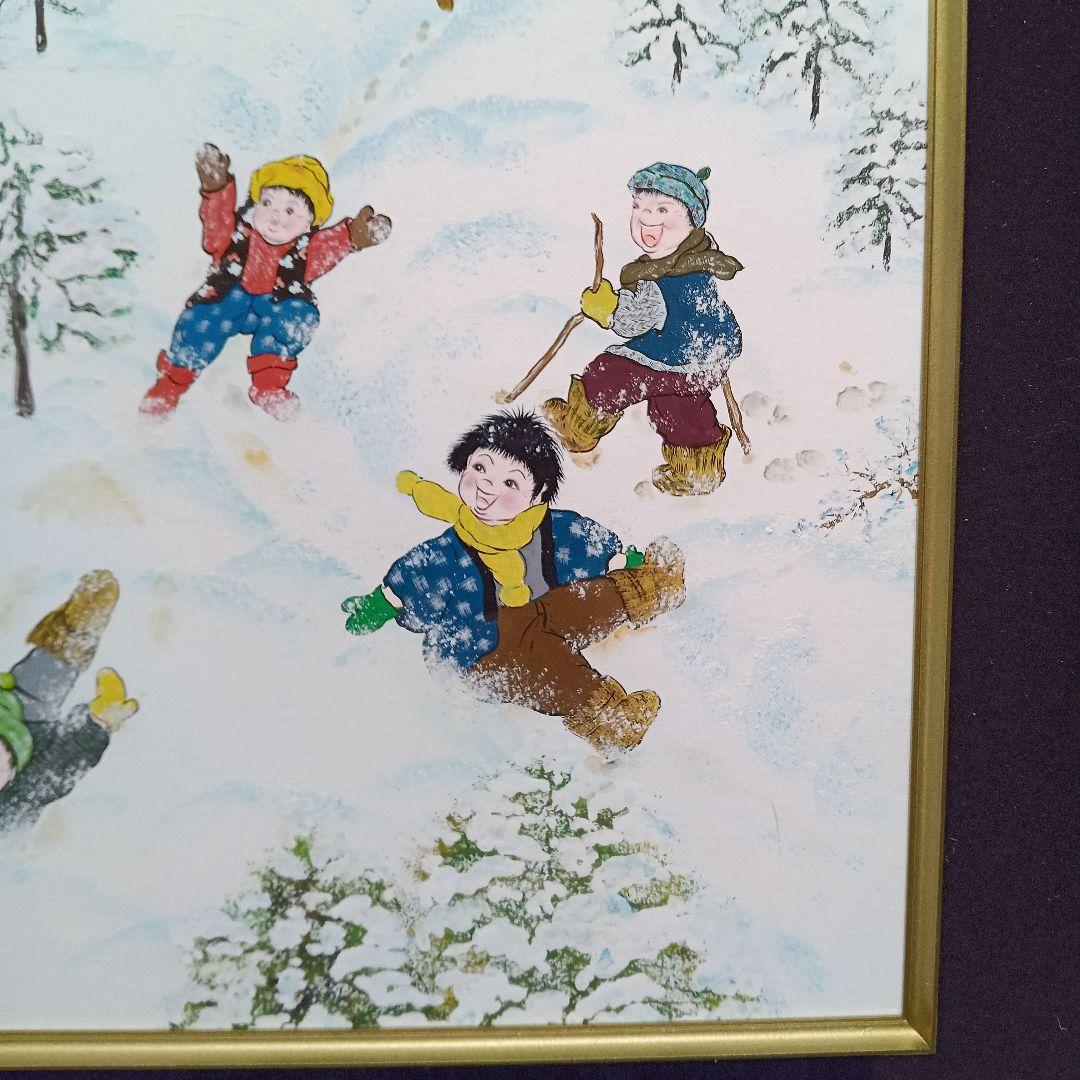 岡田祥子作　アクリル絵画　「楽しい雪遊び」