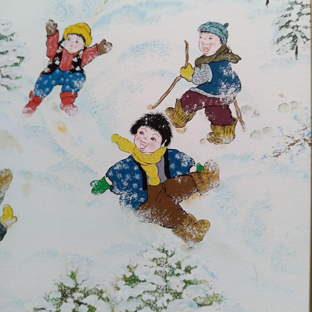 岡田祥子作　アクリル絵画　「楽しい雪遊び」