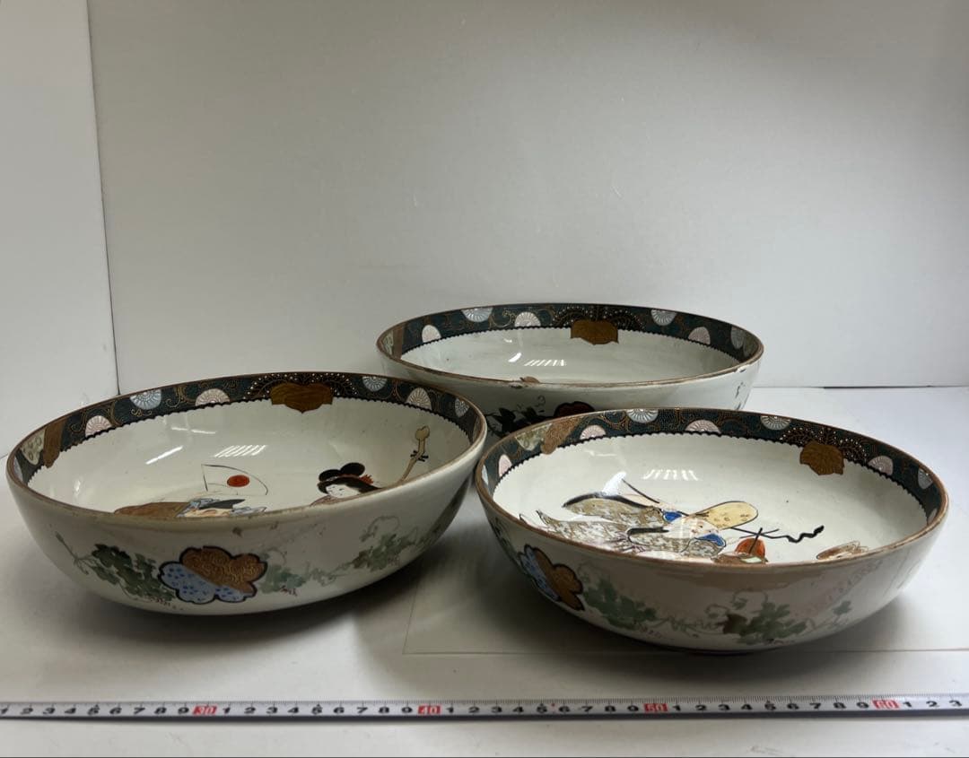 明治時代　青九谷青粒手　七福神三ツ鉢　東Y8-0323①タエチ