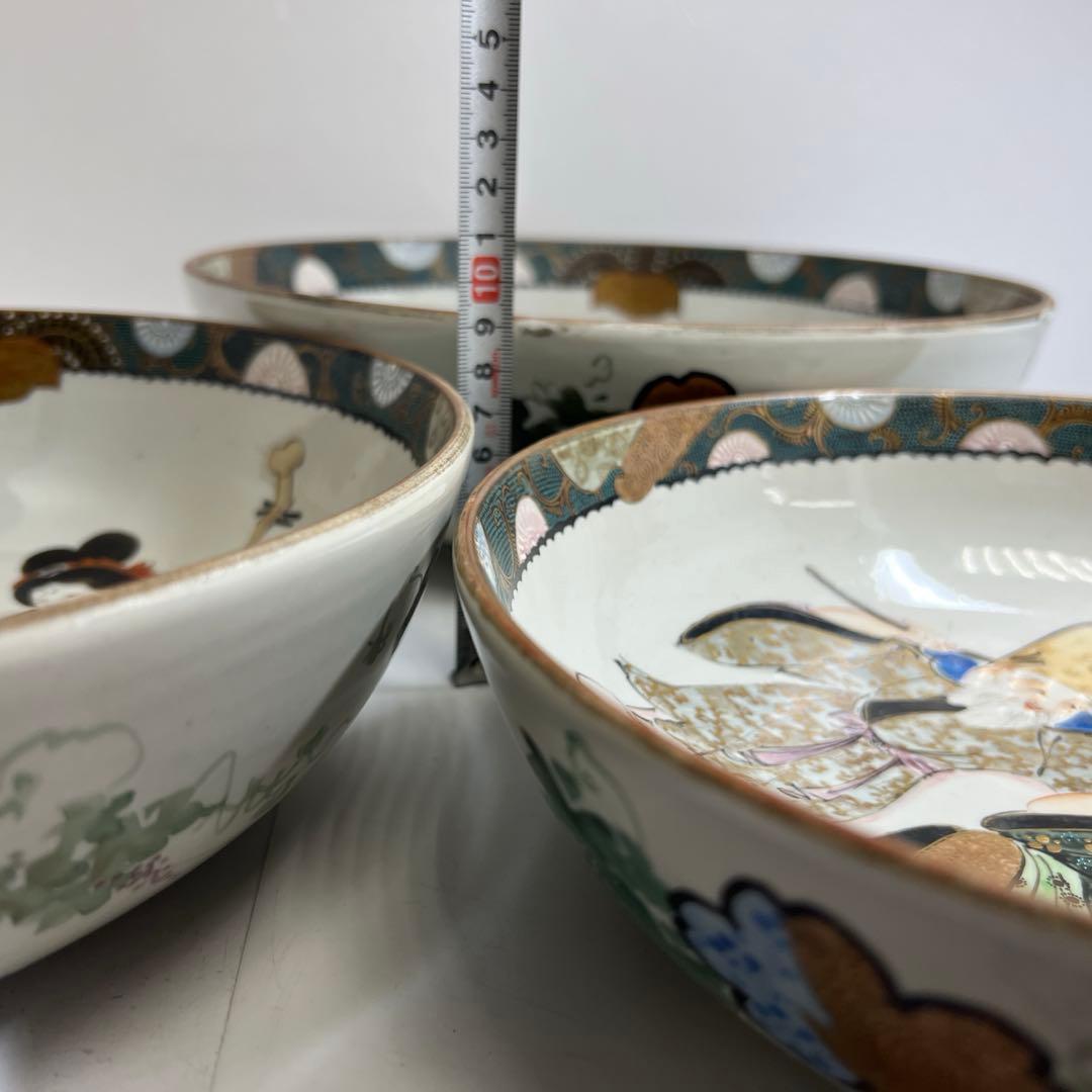 明治時代　青九谷青粒手　七福神三ツ鉢　東Y8-0323①タエチ