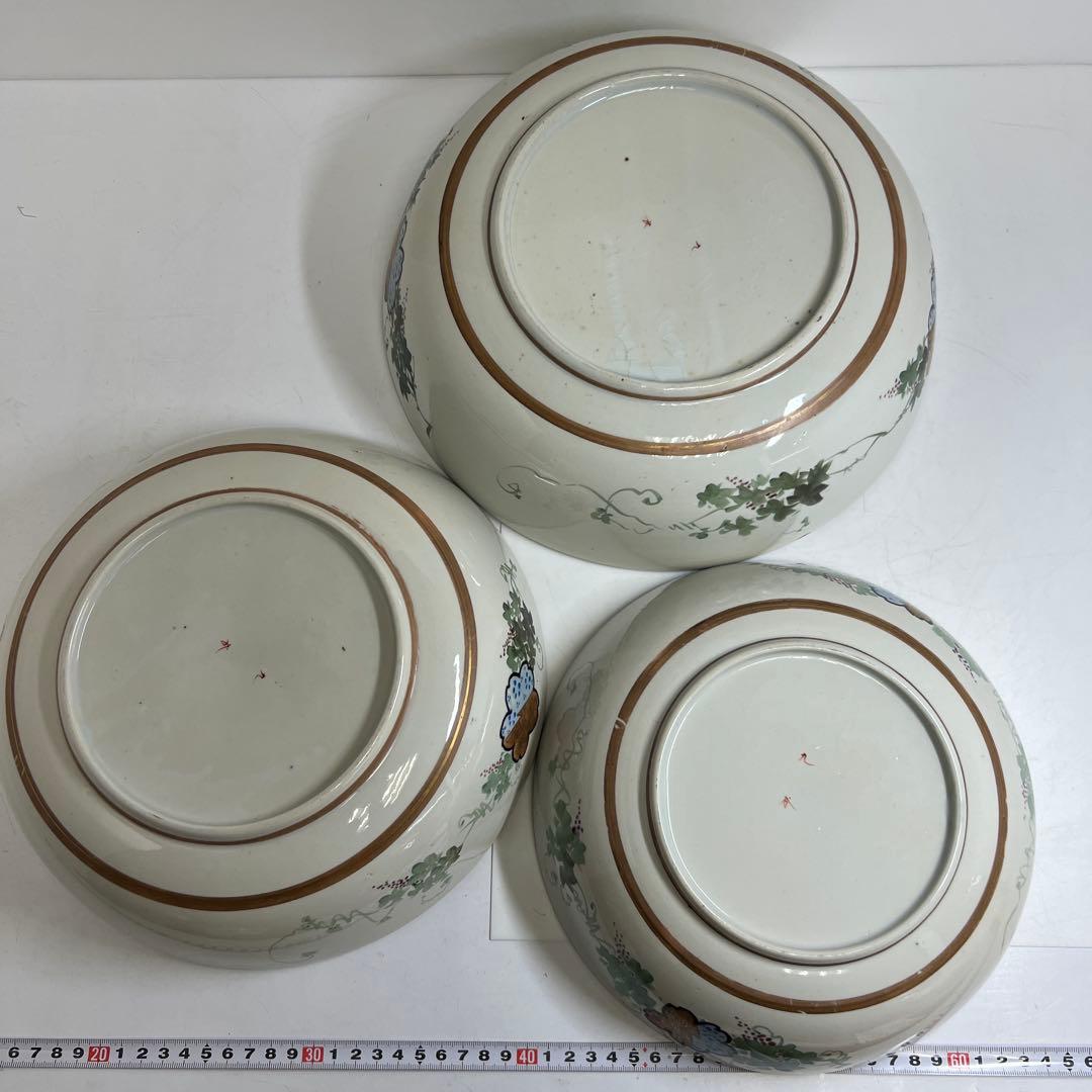 明治時代　青九谷青粒手　七福神三ツ鉢　東Y8-0323①タエチ