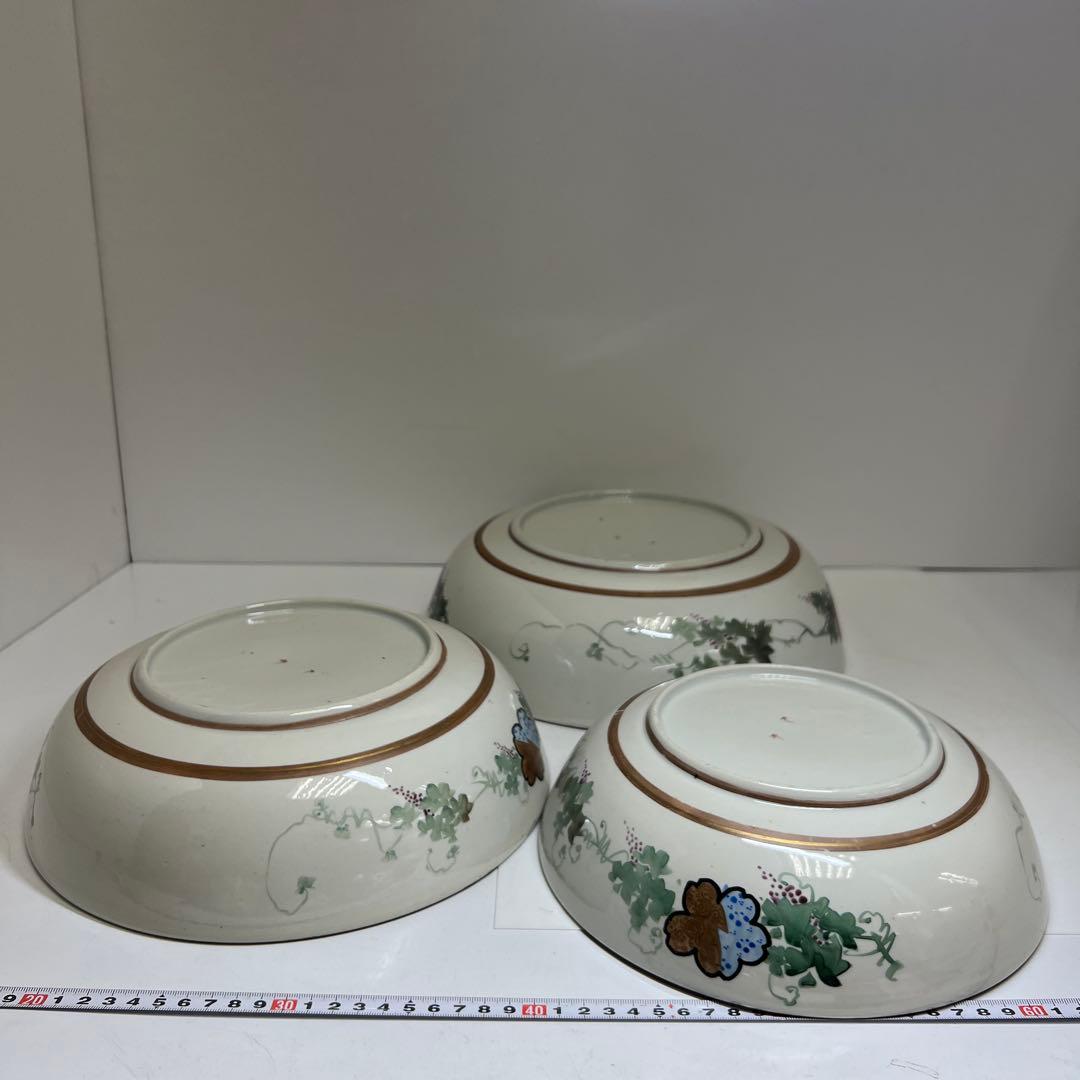 明治時代　青九谷青粒手　七福神三ツ鉢　東Y8-0323①タエチ