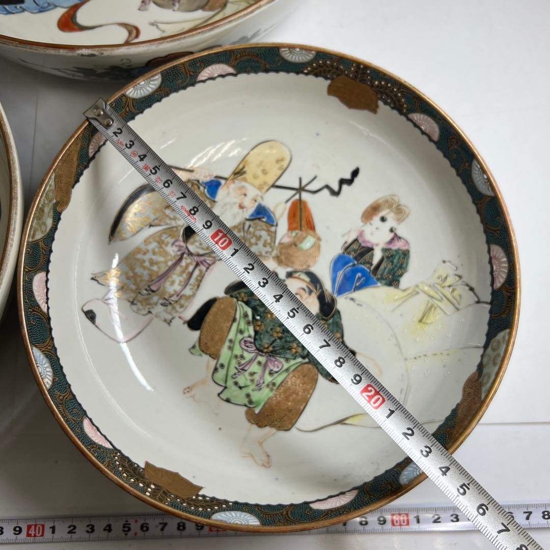 明治時代　青九谷青粒手　七福神三ツ鉢　東Y8-0323①タエチ