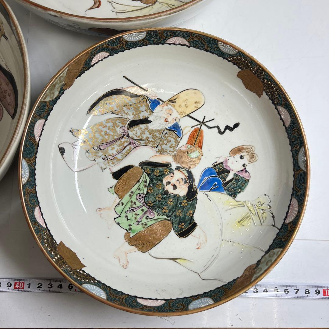 明治時代　青九谷青粒手　七福神三ツ鉢　東Y8-0323①タエチ