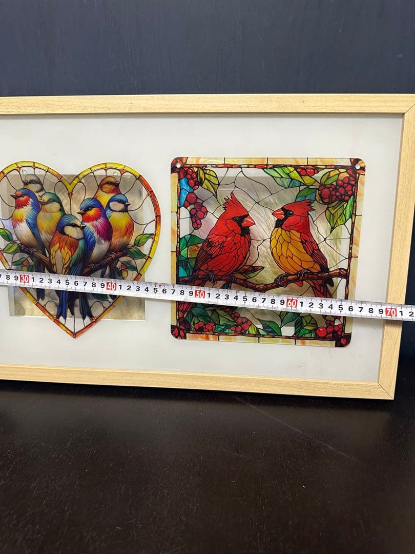 ステンドグラス風アート フクロウと鳥　電飾LED インテリア　ア-ト 額縁